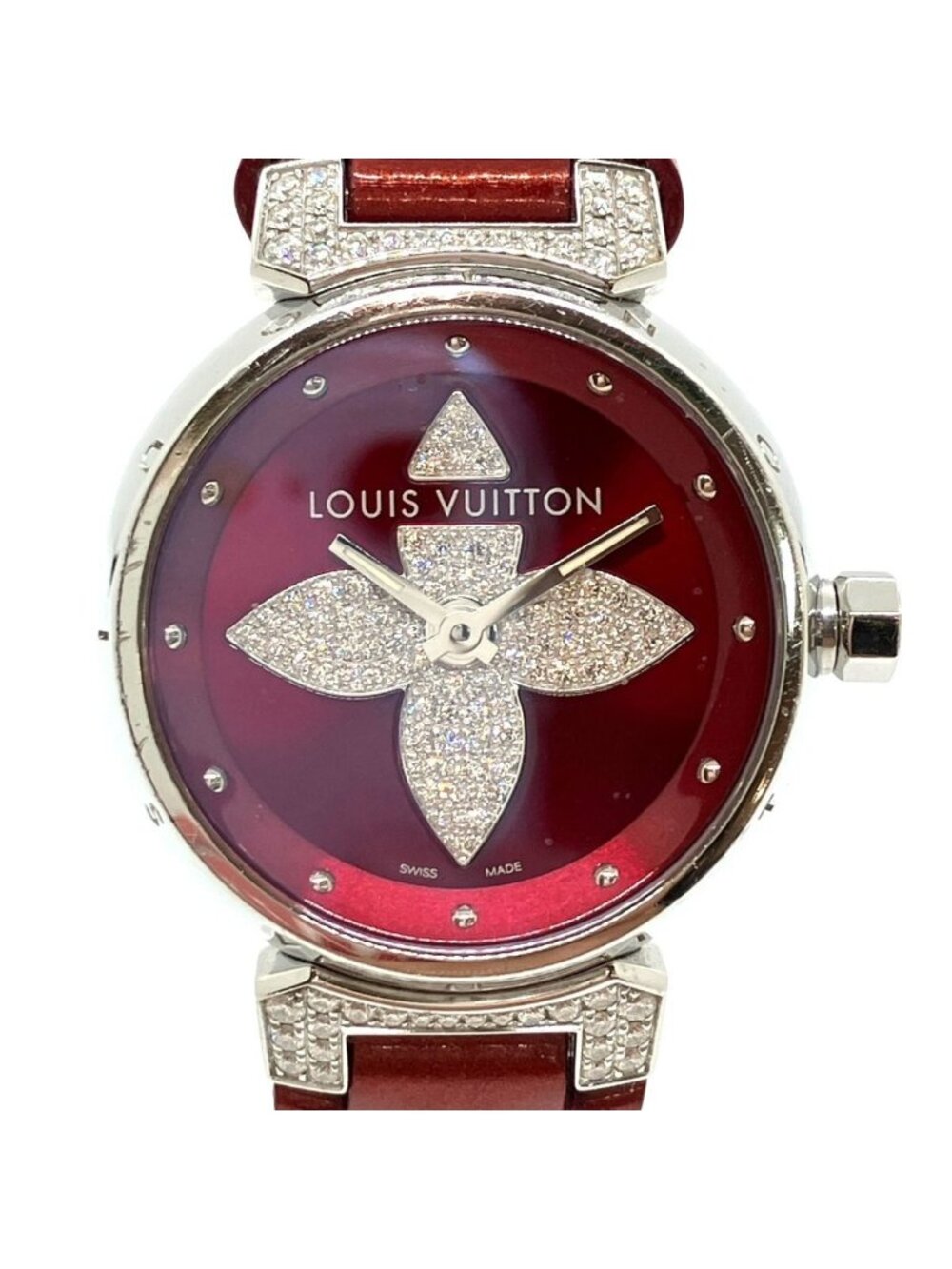 Louis Vuitton Tambour Forever Rug Diamond Watch SS Leather Quartz Red Dial